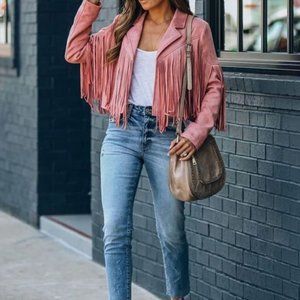Fringed Bomber Jacket Women Long Sleeve Open Stitch Slim Jacket, Pink , Size S